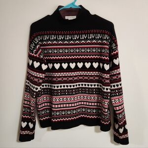 Cupcakes & Cashmere LUV Fair Isle Knit Sweater Mock Neck Black Red White Hearts